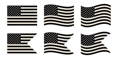 Set of six monochrome American flag icons in various shapes and wave styles. Minimal flat vector set. Independence Day celebration. Design for banner, poster, postcard, print, sticker