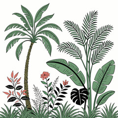Tropical vintage botanical palm trees, banana tree, green plants floral seamless border white background. vector	