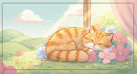Orange cat sleeping comfortably in flower garden
