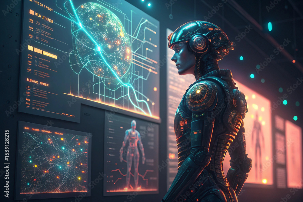 Poster futuristic ai robot analyzing global data on holographic screens