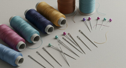 Colored threads, needles and pins on black surface