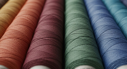 Colorful sewing thread spools aligned on neutral background