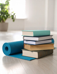 A stack of self-help books and a yoga mat on a polished floor, reflecting millennial wellness and personal growth pursuits.