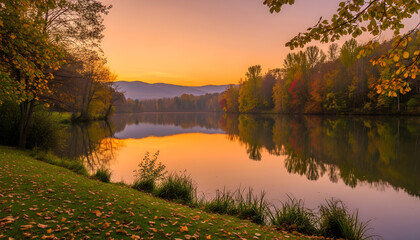 Serene autumn lake with warm sunset reflections and vibrant fall foliage