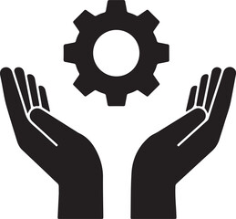 Illustrative Graphic Featuring Hands Gently Holding a Gear Symbolizing Support, Technology, or Collaboration in a Minimalist Style