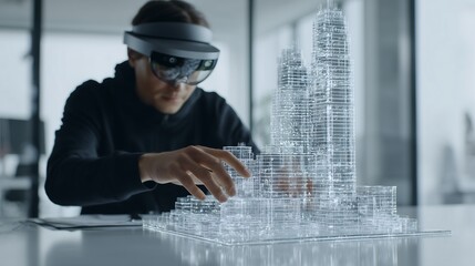 Architect designing a building with augmented reality. Concept for virtual architecture, urban planning, and innovative construction technology in the metaverse