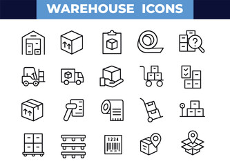 Warehouse Icons Vector Set – Outline Style Storage, Shipping, Barcode, Pallet, and Inventory Symbols for Logistics, Supply Chain, and eCommerce UI