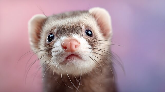 Whimsical and Detailed Close-Up Portrait of a Ferret with Pastel Soft Blurred Background Showcasing its Lively, Curious Nature for Creative Stock Imagery
