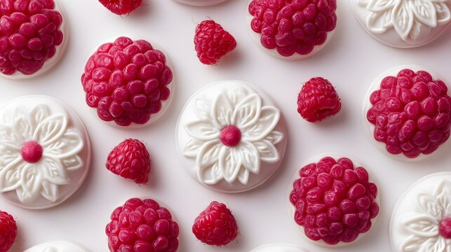 Intricate Raspberry Cake Decoration: Overhead Artistic Mold Arrangement for Distinctive Baking Effects