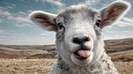 Humorous portrayal of a playful Greyface Dartmoor lamb with a prominently extended tongue in a rustic and vibrant countryside setting