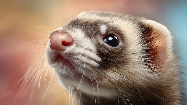 Whimsical and Detailed Close-Up Portrait of a Ferret with Pastel Soft Blurred Background Showcasing its Lively, Curious Nature for Creative Stock Imagery
