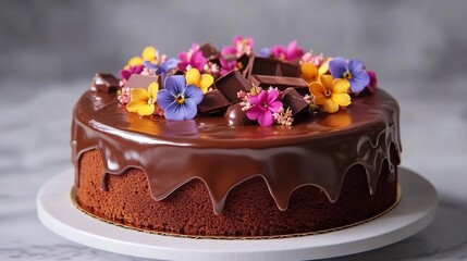 Exquisite Chocolate Cake with Floral Embellishments   A Gourmet Indulgence for and Dessert Lovers