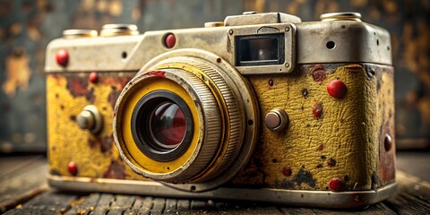 Close up of a weathered and vintage camera on a wooden surface