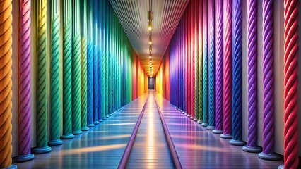 Hallway of Colorful Twisted Columns Leading to a Distant Light Source