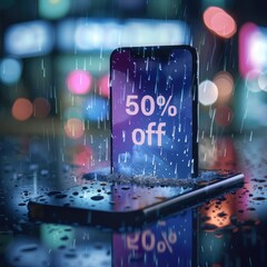 Smartphone with rain animation and vibrant "50% off" sale pop-up, capturing the monsoon shopping vibe with dynamic visuals and modern ecommerce interface design. AI generated illustration.