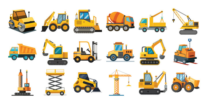 Collection of yellow construction vehicles and heavy equipment icons