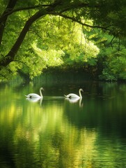 Beautiful landscape of a lake with two white swans swimming in the water. the lake is surrounded by lush greenery, with trees and bushes on both sides.
