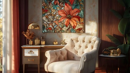 Luxurious and Vibrant Tropical Inspired Living Room with Floral Artwork