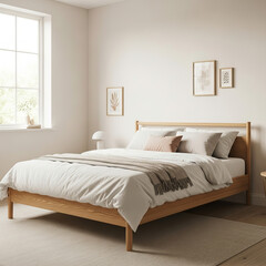 Minimalist Bedroom with Wooden Bed Frame, White Bedding, Neutral Walls, and Soft Natural Light
