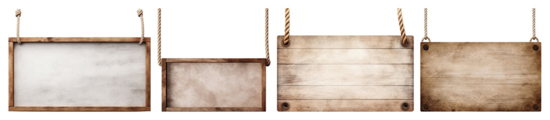 PNG Rustic wooden hanging signs, element set on transparent background