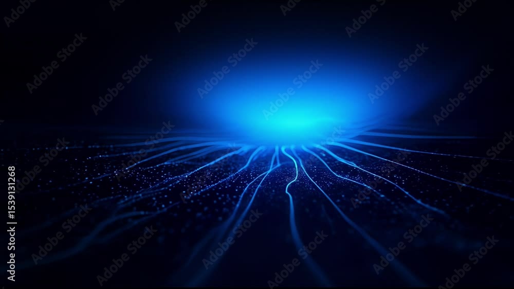 Poster the image shows a computer generated image of a blue light in the middle of a dark background