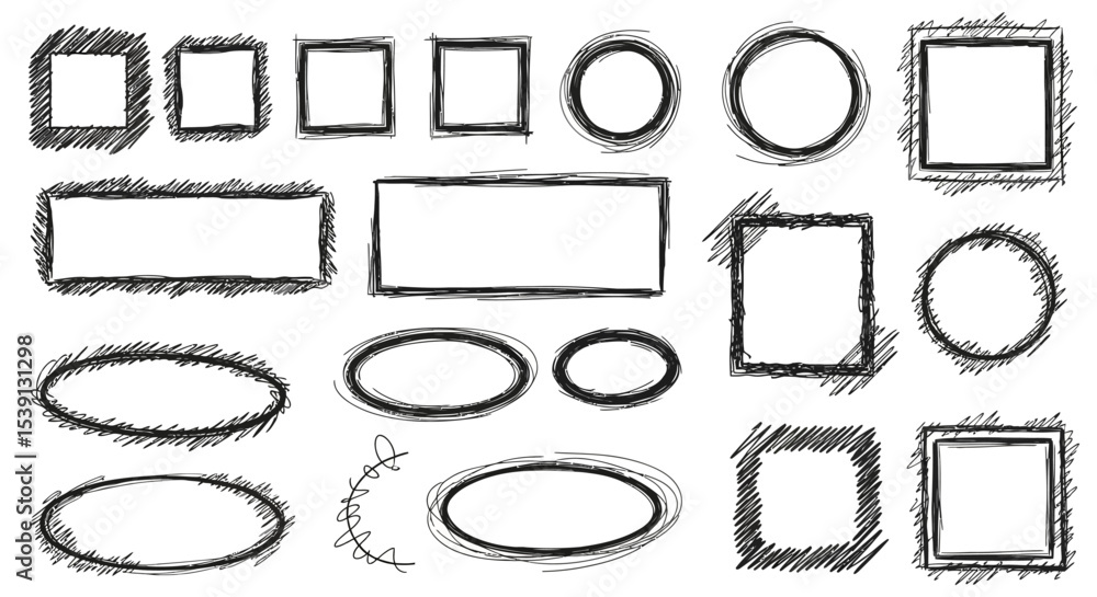 Poster hand-drawn sketch frames set of squares, circles, rectangles, and ovals for design projects