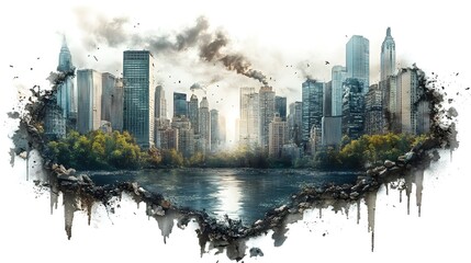 Obraz premium Bustling Cityscape with Towering Skyscrapers and Smoky Skyline at Sunset