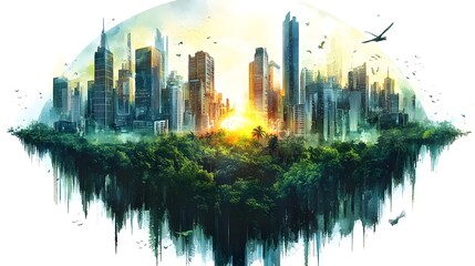 Naklejka premium Futuristic Cityscape Skyline with Skyscrapers and Sunset Reflection