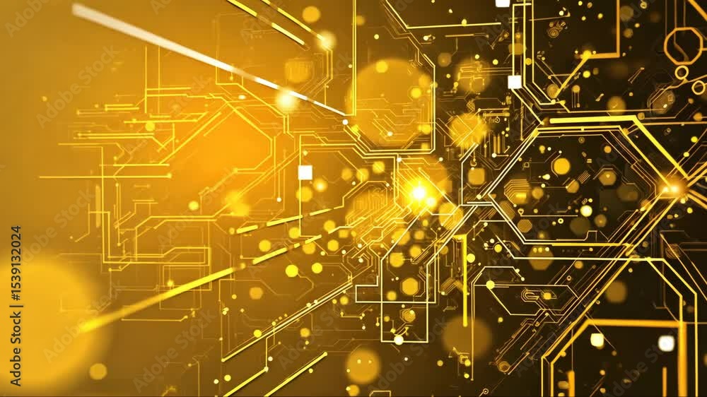 Poster bright yellow background with lot of gold dots and lines. dots and lines create sense of movement an