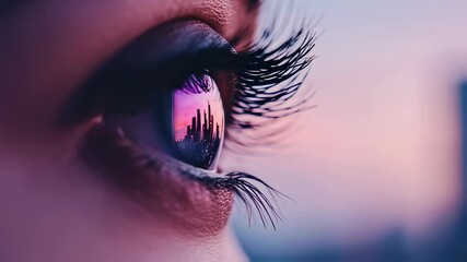 A close-up view of an eye revealing the stunning reflection of a city skyline during sunset. The vibrant colors illuminate the urban landscape, showcasing the beauty of city life, awareness month