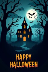 Spooky Halloween Scene with Haunted House at Night