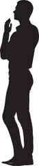 A full-body silhouette of a man, likely a businessman, in profile view, with his hands clasped in front of him.