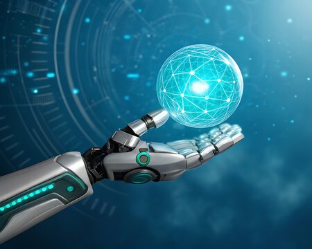Robotic hand holding glowing sphere representing artificial intelligence and technological advancement