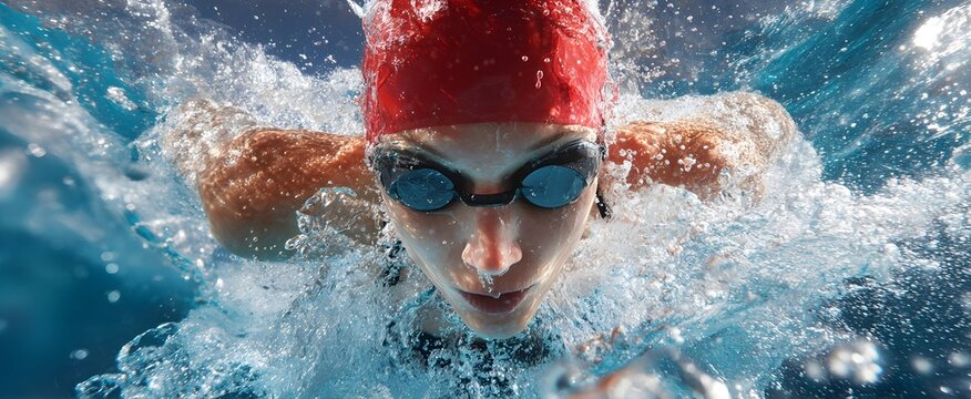 Professional female swimmer executing powerful stroke with water splashes in competitive pool
Close-up of a female swimmer in a freestyle swimming position, wearing a red cap and black goggles