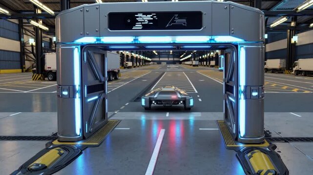 Modern automated garage showcasing futuristic vehicle with advanced technology in a spacious industrial setting