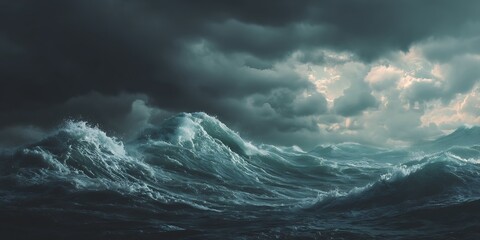 A dramatic ocean scene with large waves under a stormy sky with dark and ominous clouds above it all