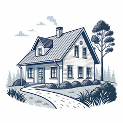 “Cozy House Illustration – Hand-Drawn Home Exterior with Garden, Windows, and Roof Details, Real Estate or Storybook Style”