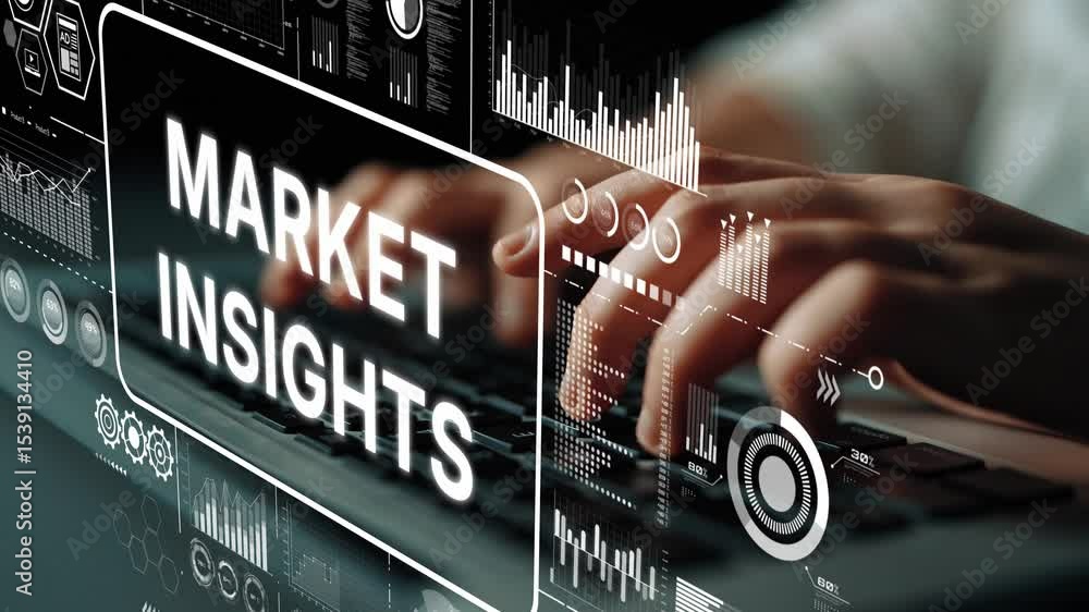 Poster professional data analysis with hands on keyboard and digital market insights visualization. asympto