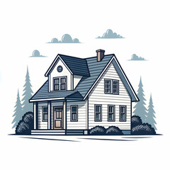 “Cozy House Illustration – Hand-Drawn Home Exterior with Garden, Windows, and Roof Details, Real Estate or Storybook Style”