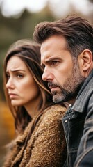Fototapeta premium Emotional portrait of a couple in autumn, capturing tension and unspoken feelings through their distant yet intimate body language and pensive expressions