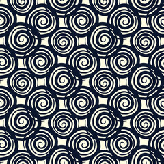 Small different dark blue spiral circles isolated on white background. Geometric monochrome seamless pattern. Vector simple flat graphic hand drawn illustration. Texture.