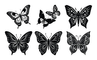 Insect butterfly black silhouette set vector.