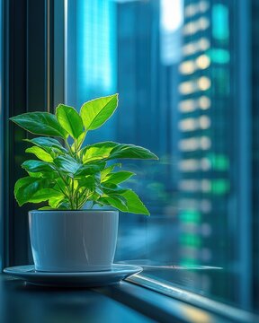 A small green plant in a white pot sits on a windowsill against a backdrop of outoffocus city buildings