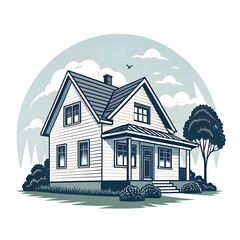 “Cozy House Illustration – Hand-Drawn Home Exterior with Garden, Windows, and Roof Details, Real Estate or Storybook Style”