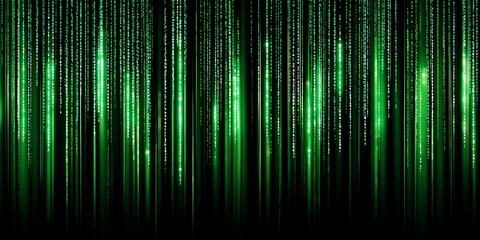 A digital cascade of green matrix code falling vertically against a dark black background design effect