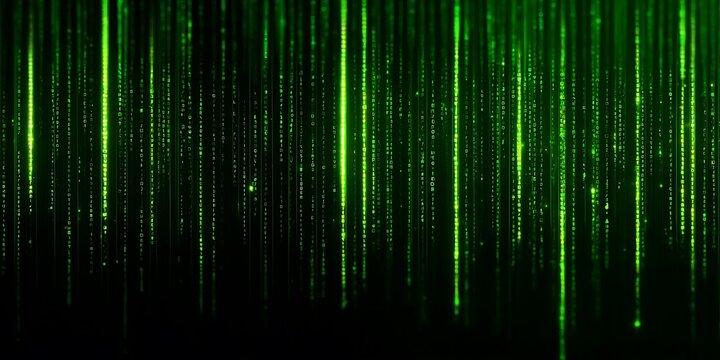 Illuminated green digital rain effect on a black background with cascading binary code streams design