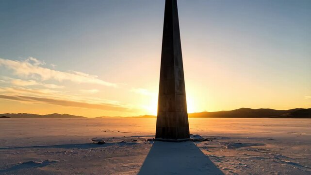 Dramatic view of tall monolith casting shadow across flat plain at sunset with mountains on horizon, symbolizing ancient world, travel, and exploration.