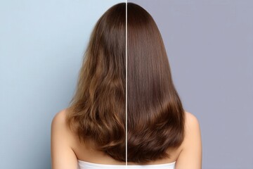 Before-after hair comparison on light background. Chic setup for beauty or grooming themes, ideal for glossy or renewed designs. Great for haircare or polished visuals.