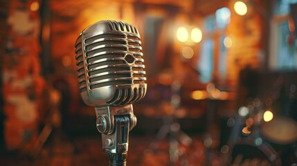 Silver vintage microphone in a recording studio, stage for live music, performance or concert, blurry background with golden lights, entertainment and audio equipment.