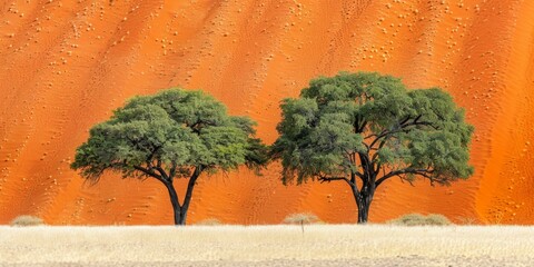 Two trees near bright orange sand dunes, golden grass sways in foreground, desert landscape and scenic Namibian nature, arid beauty in hot climate.